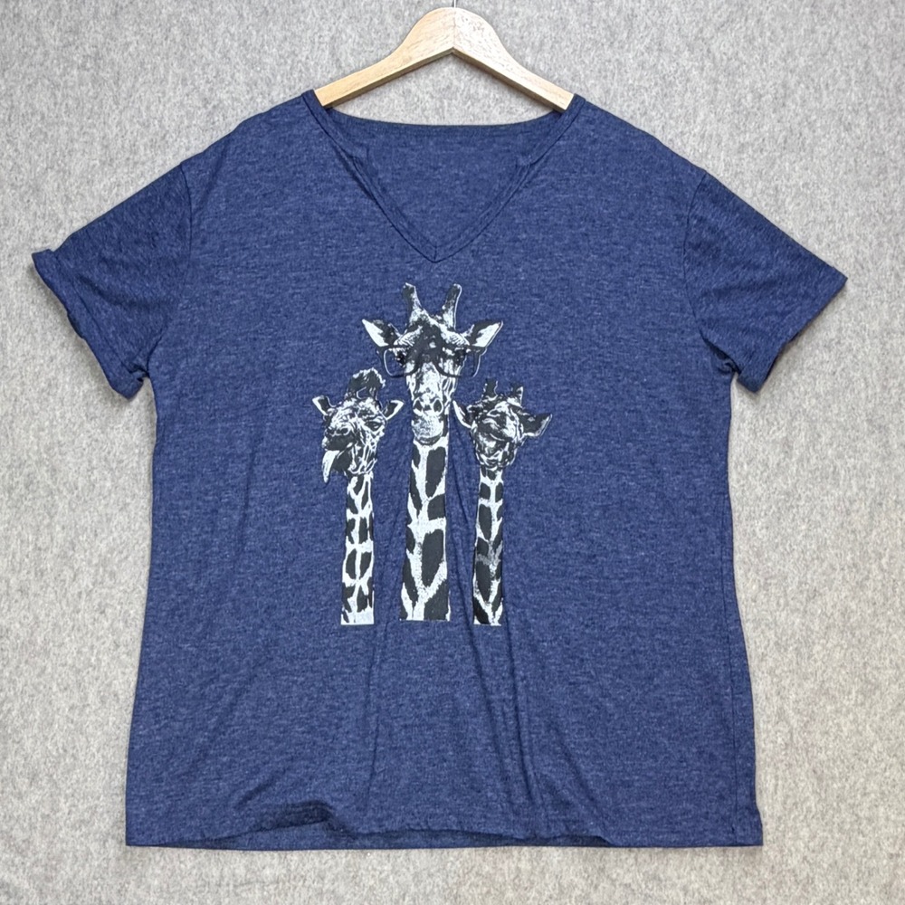 Giraffe Graphic T-Shirt Womens XXL Blue Animal Lover Quirky Cotton Whimsical